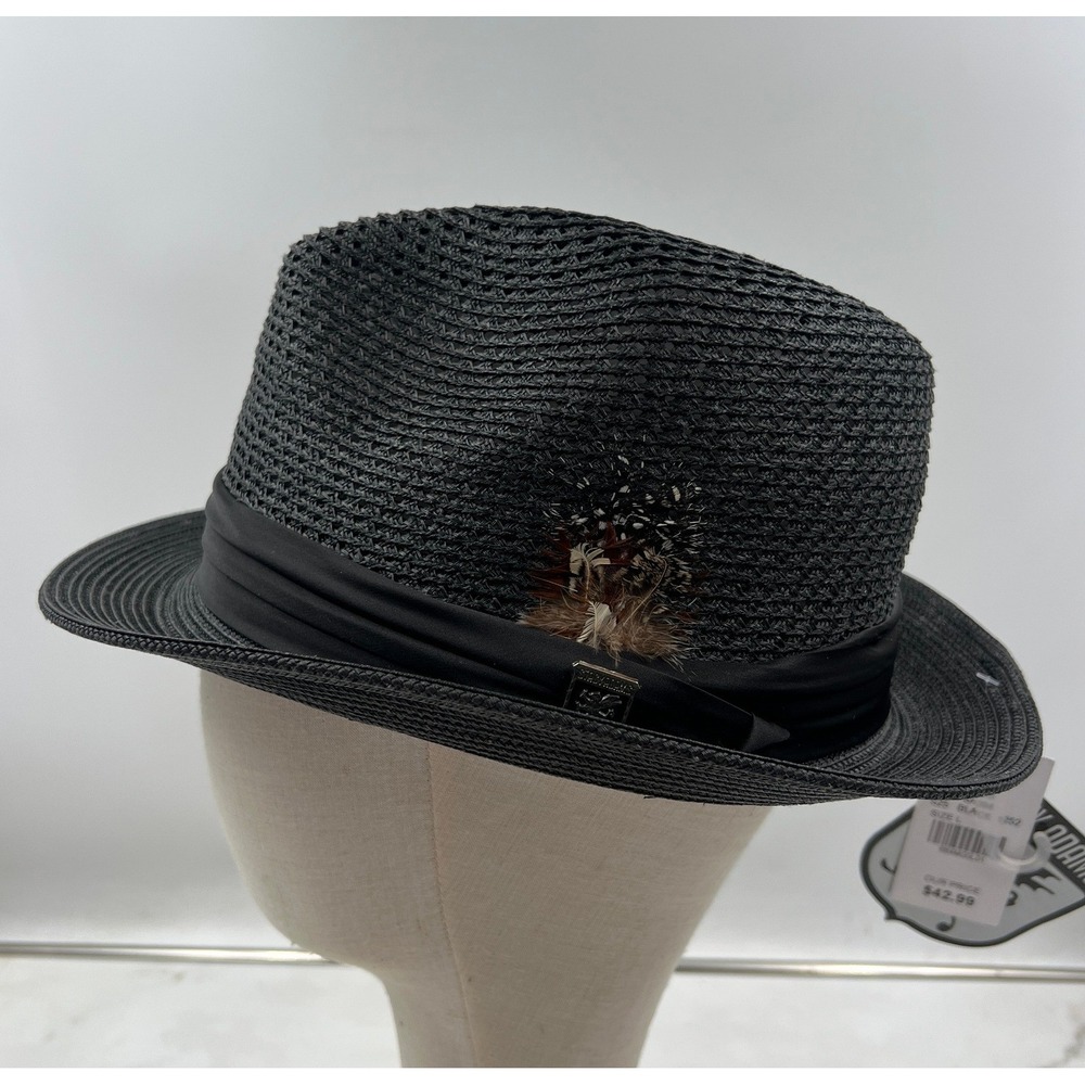 Stacy Adams Fedora Hat Men's Large Black Paper Straw Braid Feather Crest Pin NWT